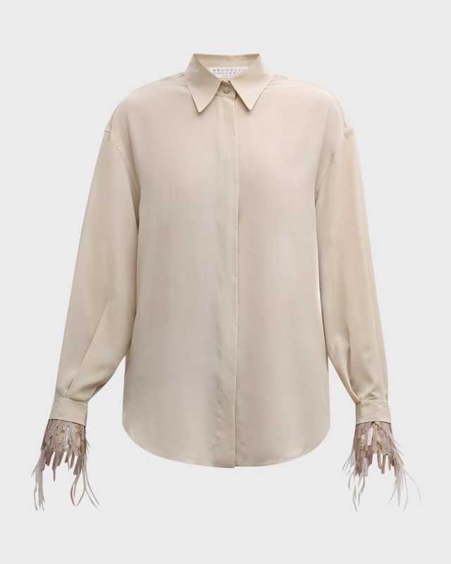 Chandelier Feather-Cuff Crepe De Chine Blous